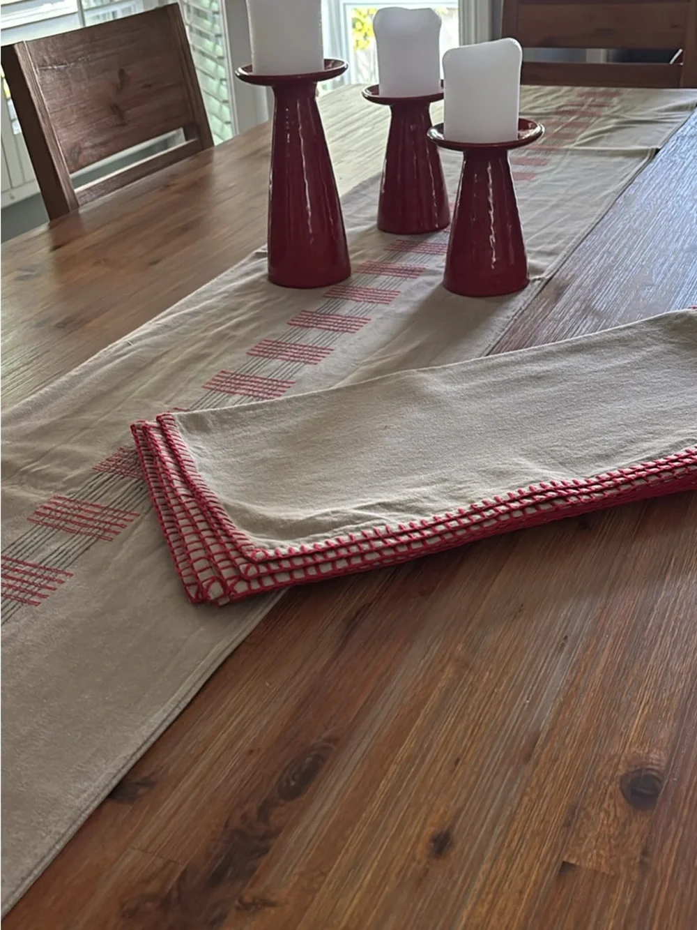 West Elm Cream Table Runner with Red Stitching